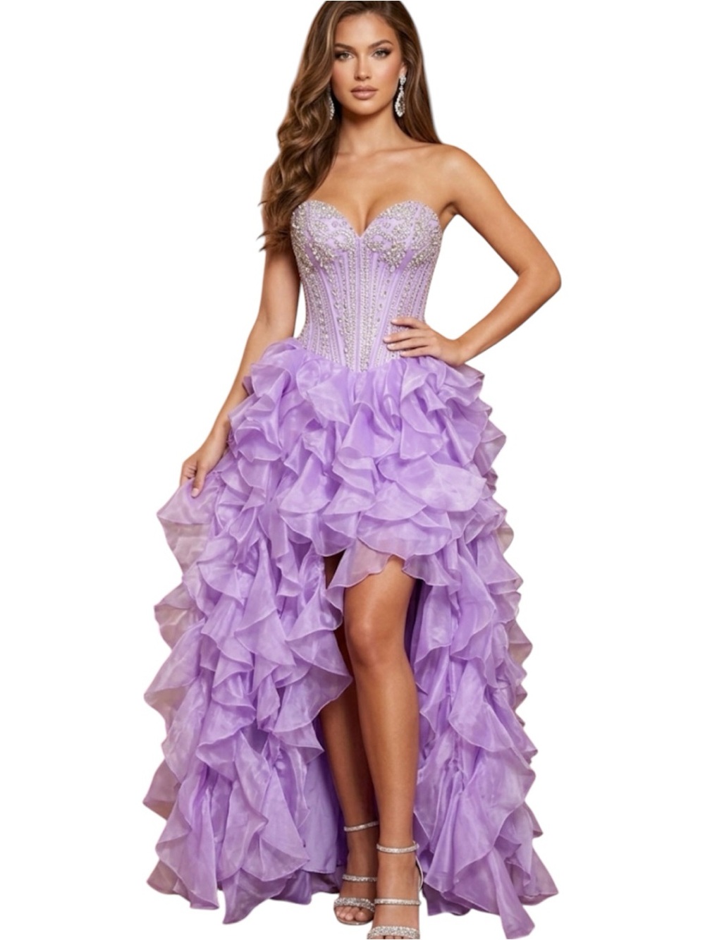Sherri Hill Beaded Strapless Gown – Lavender Ruffle High-Low Prom/Pageant Dress